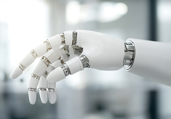 Close-up of a robotic hand, emphasizing precision and advanced engineering. Modern technology showcase of robotics and automated assistance. Clean, futuristic design.