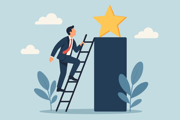 Business success and achievement concept, motivated businessman climbing ladder to reach star reward, goal realization, career growth, ambition, motivation, leadership