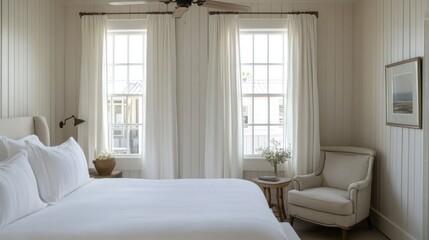 A bright and airy bedroom with large windows.