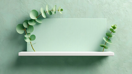 Elegant Eucalyptus Greenery and Mint Green Blank Card Mockup on White Shelf
