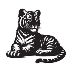Fototapeta premium siting cute tiger Silhouette Vector Art, and Graphic, vector black color silhouette , solated white&nbsp;background 