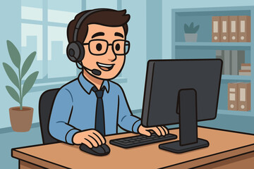 Cartoon office worker providing technical support at desktop computer, headset, business professional, customer service, IT help desk, modern workplace, vector illustration, office interior
