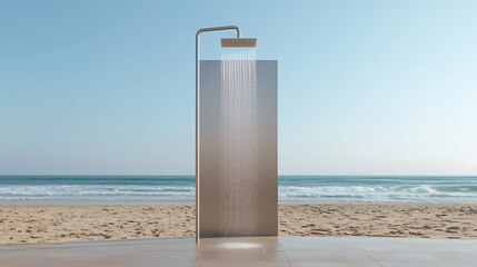 Outdoor Shower on Beach: A sleek, modern shower stands on a sandy beach with ocean views, offering a unique open-air bathing experience.