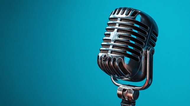 Vintage microphone gleaming against a serene blue backdrop, a symbol of timeless artistry and vocal expression. Perfect for music or audio concepts.