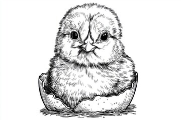 Whimsical Black and White Sketch Illustration of a Cute Newborn Chick Hatched from Egg for Playful Nursery Art and Easter Decor with Vintage Style Charm.