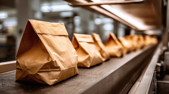 Paper bags on a conveyor belt, possibly filled with food or other products, move along a production line in a factory setting. Close-up view.