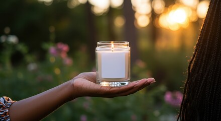 Candle Jar Mockup with Blank Label Held by Black Woman’s Hand in Natural Setting