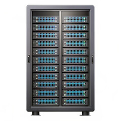 A powerful server rack with multiple hard drives is isolated on transparent background, representing data storage and processing.