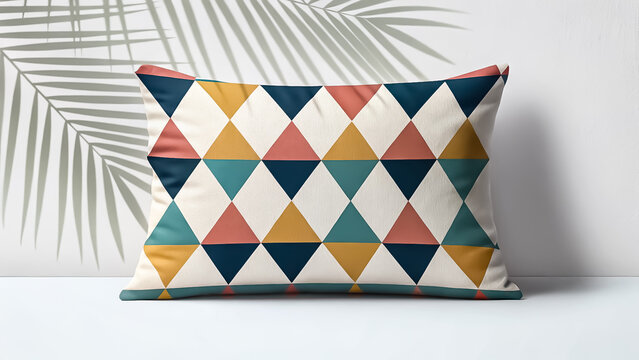 Geometric diamond pattern pillow with palm leaf shadow on white background