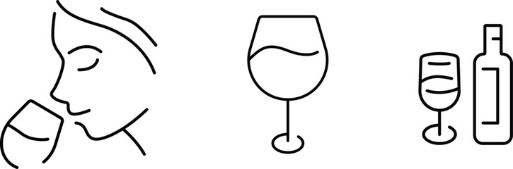 Tasting wine, wine glass, serving wine bottle, customizable stroke, vector, illustration