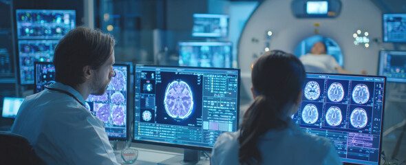 Advanced Medical Imaging and Diagnostics: Radiologists Analyze Brain Scans in a High-Tech Control Room for Precise Patient Care.