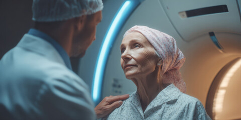 Obraz premium Compassionate Medical Care: Doctor Comforting a Patient Before an MRI Scan, Emphasizing Empathy and Reassurance in Modern Healthcare Settings.