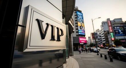 Obraz premium VIP sign on a modern building facade by a busy city street with blurry urban background. Luxury membership concept.