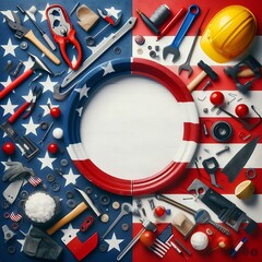 American labor day celebration with tools and patriotic symbols