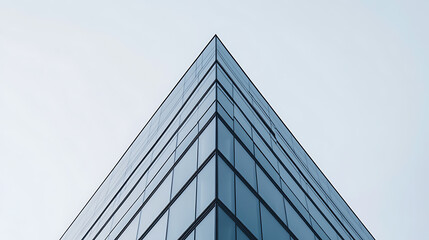 Obraz premium Architectural Geometry: A modern glass building reaches toward the sky, its sharp angles and reflective surfaces creating a striking visual contrast against the backdrop.