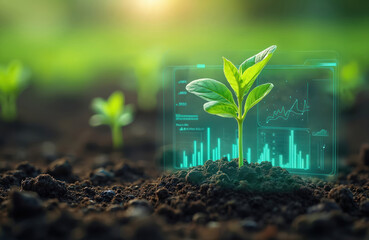 Obraz na płótnie Canvas Green plant sprouting from soil with real-time holographic growth monitoring interface, high tech farming. Advanced agriculture tech for environmental protection. Modern digital farming, sustainable