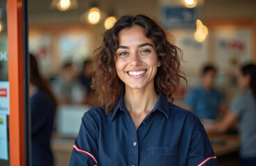 Smiling young female postal worker in uniform stands in post office. Happy mail carrier ready to deliver packages, letters, parcels. Cheerful employee in workplace, positive attitude. Postal service