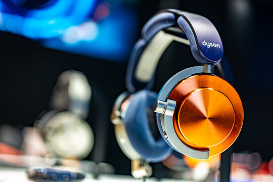 Dyson headphones presented in a store