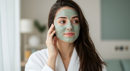 Woman with facial mask wearing bathrobe indoors beauty treatment skincare wellness.