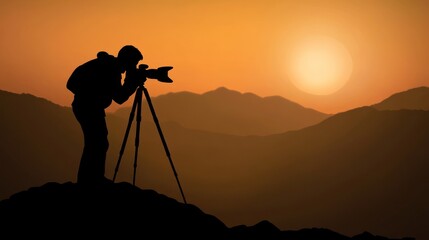 Photographer silhouette mountain sunset