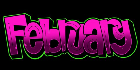 February illustration, February letter with unique simple graffiti pattern and bright colors