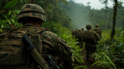 Military patrol moving through dense jungle. Soldiers in camouflage gear, helmets, and carrying equipment. Narrow path amidst thick vegetation.