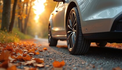 Car travels gravel road in autumn forest. Low angle side view reveals wheels on tire. Fall season sunlight illuminates yellow orange leaves on ground. Automobile vehicle transportation.