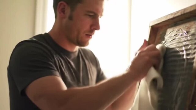 The subject flips the cloth over the washboard and continues scrubbing vigorously.