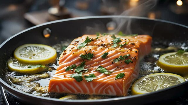 A succulent salmon fillet sizzles intensely in a stainless steel skillet, its golden-brown edges crisped to perfection as garlic butter bubbles around it