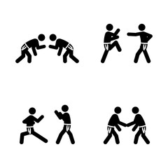 Set of stick figures, karate martial art, black silhouettes on white background, flat vector illustration.
