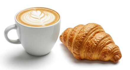 Coffee cup with latte art and croissant on white background.