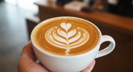 Hand holding a white coffee cup with latte art on a blurred background.
