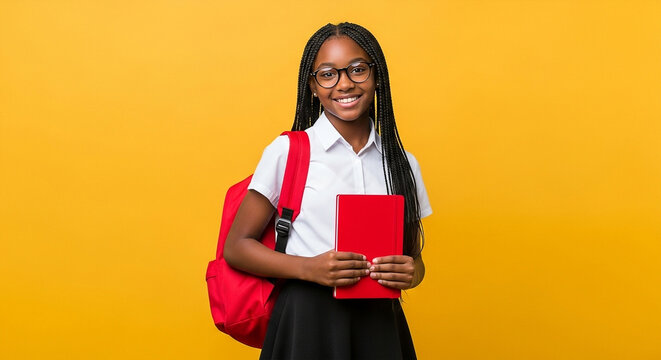 Smiling african american student with backpack and book isolated on yellow background