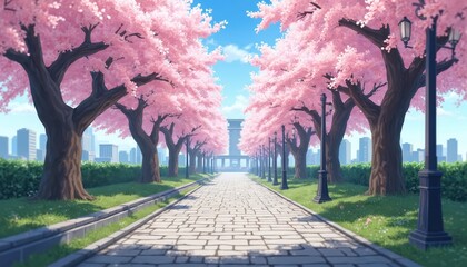Stone pathway through alley of cherry trees in bloom with pink flowers. Buildings in background. Sunlight, blue sky. Spring season, Japanese style, digital illustration artwork. Urban landscape with