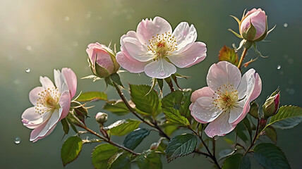 Soft Pink Roses in Morning Light: Delicate Dewdrops, Romantic Floral Still Life Photography