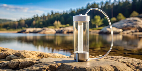 A water filtration system sits on a rock by a calm lake at sunset. The surrounding landscape features lush trees and smooth boulders, reflecting a peaceful atmosphere
