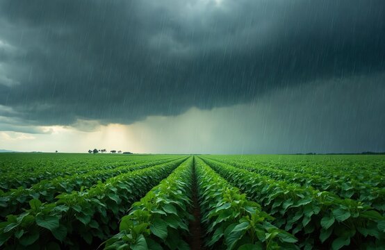 Soybean crop in rain. Green field of soy, heavy rain from storm clouds. Rural landscape. Agriculture farming concept. Soybean plants grow. Food production.