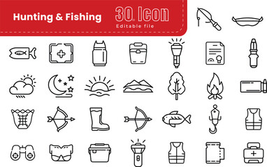Hunting and fishing line icons collection set. Hunting and fishing outline icon set. Pack of knife, pull fish, Editable stroke. Vector illustration.