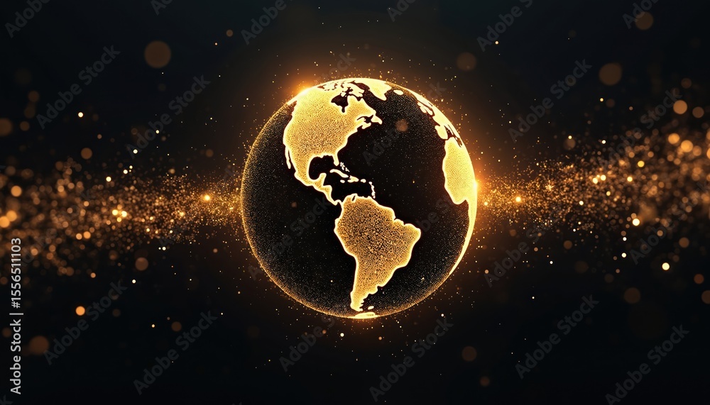 Aufkleber geometric illustration of earth globe with shimmering gold dust, dots and lines. abstract planet wit