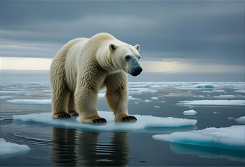 A polar bear stranded on a small melting ice floe in the ocean. 