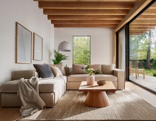 modern interior design with wooden beams and minimalist decor in a serene space