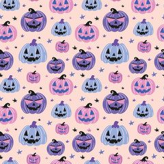 Seamless pattern with cute pumpkins and stars for Halloween in purple tones, flat style illustration
