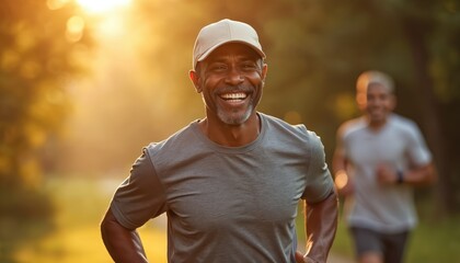 Happy senior African American man running in morning park. Smiling elderly runner enjoys outdoor fitness. Mature male jogger promotes healthy lifestyle, exercise in nature. Retirement, wellness