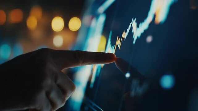 Financial Chart Analysis: Investor's Finger Points to Stock Market Data on Screen Display