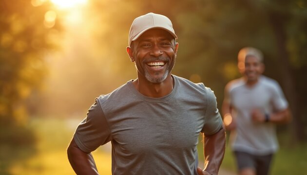 Happy senior African American man running in morning park. Smiling elderly runner enjoys outdoor fitness. Mature male jogger promotes healthy lifestyle, exercise in nature. Retirement, wellness