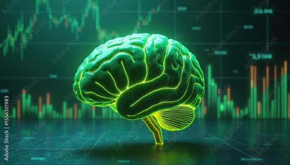 Poster Futuristic green brain with data visualization in background. Artificial intelligence, neuroscience. Neural network, data analysis, digital innovation, future technology, machine learning, cerebral