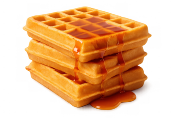 Towering golden waffles glistening with maple syrup, stacked deliciously, floating against transparent backdrop for food design
