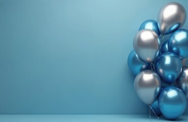 Blue and silver grey balloons on blue background. Party or birthday celebration background template. Space for text. Festive decoration for any event or party.