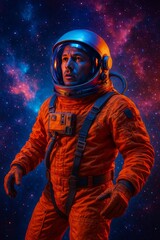 Astronauta com traje laranja flutuando no espaço estrelado