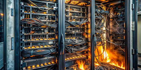 Sparks ignite a fire within a data center filled with servers and tangled cables. Smoke billows as flames engulf the equipment, creating a dangerous situation at night